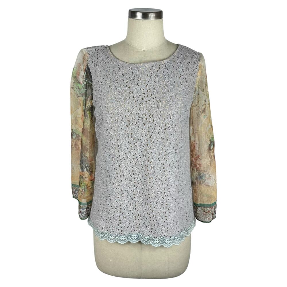 SUNDANCE Lace Mix Media Silk Sleeve Blouse‎ Women's Size Small Boho Lagenlook